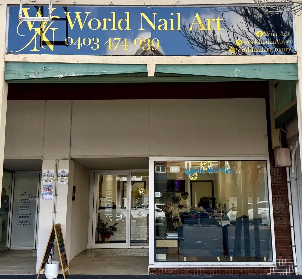 World Nail Art shopfront on Palmerin Street, Warwick, with the navy and gold World Nail Art sign above the window